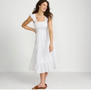 NWT Lands End Cotton Dobby Smocked Dress With Ruffle Straps - White